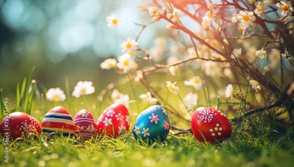 Various Colorful Easter Golden eggs and spring flowers in Green Grass background Various Colorful Easter Golden eggs and spring flowers in Green Grass background