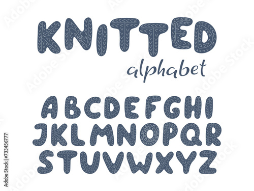 Hand Drawn Alphabet with crochet style. Capital letters with abstract Knit pattern. Font for design. Knitted clothing Store, Needlework product advertising, Handmade goods Label