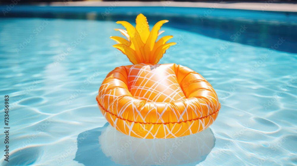 An inflatable mattress in the shape of a Pineapple on the surface of the pool - obrazy, fototapety, plakaty 