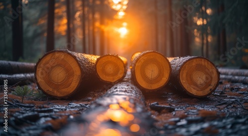 As the winter sun rises over the forest, a group of logs lie scattered on the ground, bearing the heat and scars of logging in the outdoors, a reminder of the factory that once stood tall among the t