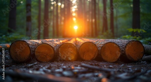 Amber light filters through the dense forest, illuminating a group of logs scattered on the ground, remnants of the trees that once stood tall in this tranquil outdoor oasis