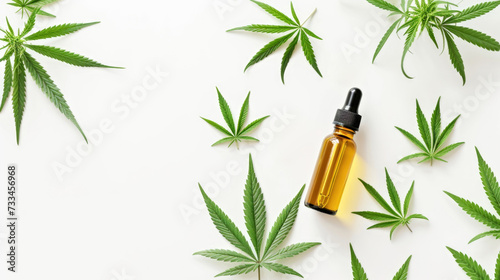 A bottle of cbd oil surrounded by cannabis leaves.