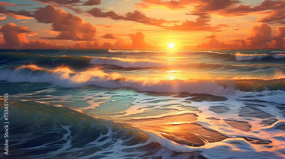 Golden Serenity: Digital Artwork of Sunset Waves, Capturing Calm Beach Scene with Warm Tones Illuminating Rolling Waves, Meticulously Rendered with Light Detail.