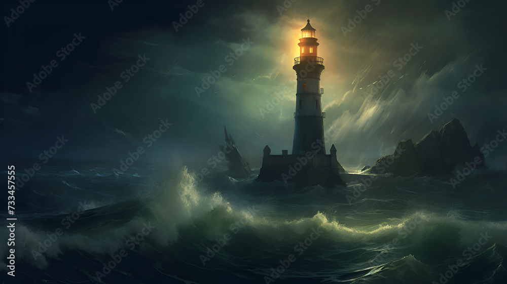 Mysterious Light House, Magical Partly sunlit lighthouse, bad weather in background