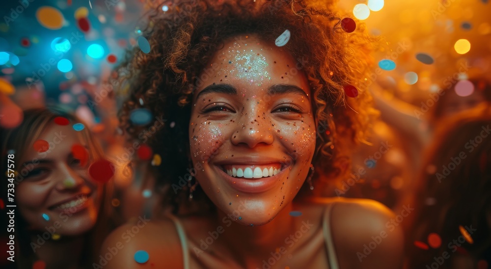 A radiant woman's sparkling smile lights up her human face in a captivating portrait, exuding confidence and inner beauty