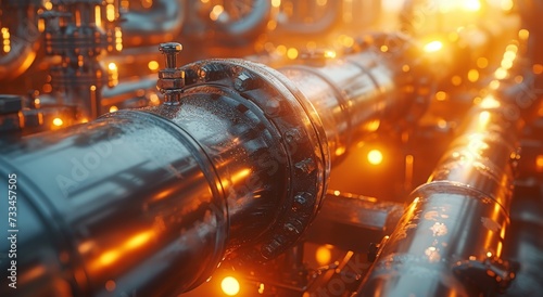 The glowing amber light illuminates the intricate metal details of the factory pipe, showcasing the beauty and power of industry in a single cylinder