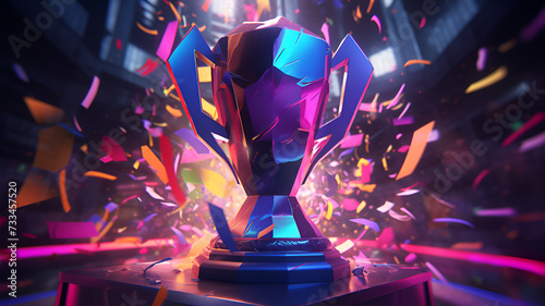 Champion's Glory: Sleek 3D Render of Esports Gaming Trophy with Intricate Details, Vibrant Lighting, and Confetti, Capturing the Thrill of Victory. photo