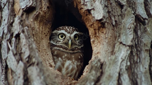 Curious Owl Hiding in Tree Trunk AI Generated.