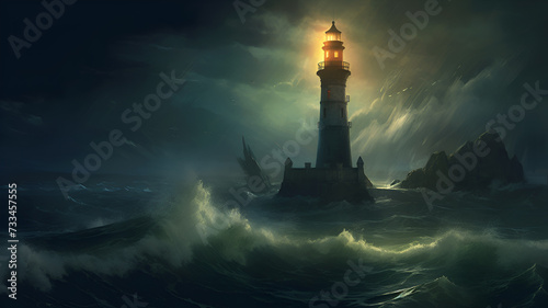Mysterious Light House, Magical Partly sunlit lighthouse, bad weather in background