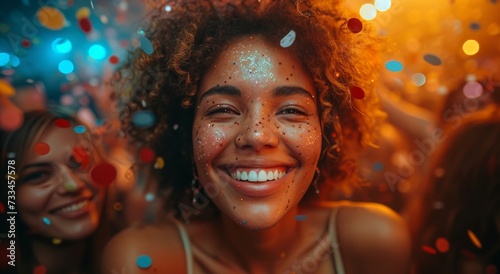 A radiant woman's sparkling smile lights up her human face in a captivating portrait, exuding confidence and inner beauty