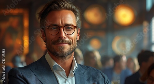 A dapper gentleman with a warm smile and a neatly trimmed beard exudes confidence as he dons his stylish suit and glasses, showing his commitment to both fashion and vision care