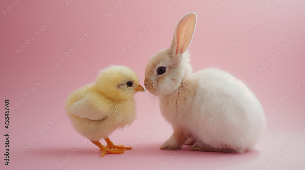 White rabbit with his friend the chick on a pastel pink background. Easter Concept. White rabbit with his friend the chick on a pastel pink background. Easter Concept.