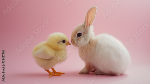 Wallpaper Mural White rabbit with his friend the chick on a pastel pink background. Easter Concept. Torontodigital.ca