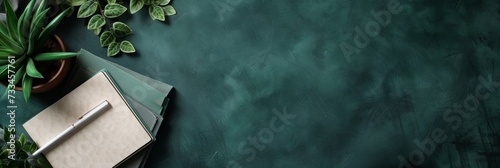 Extra wide banner header flatlay image with dark color scheme using leather and linen design details ideal for modern contemporary business or corporate product mockup, scene creator, text background  photo