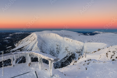 Giant Mine, Studnicni mountain , view from  snezka, mountain on the border between Czech Republic and Poland, winter, sunrise time.