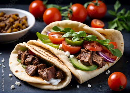 Traditional greek gyros with meat, vegetables and sauce. Generative AI