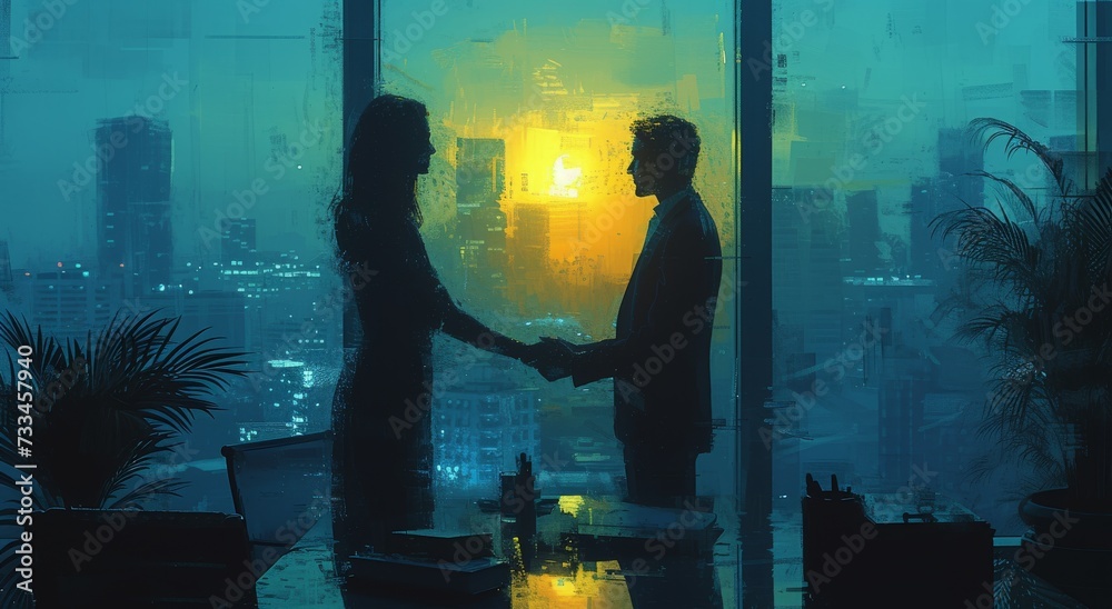 A couple seals a deal in the dimly lit room, their silhouettes casting a shadow of determination and trust against the window