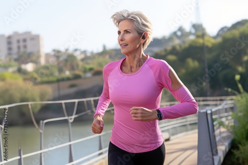 she's 50 year old, healthy women smiling in a Sport wear, Smartwatch. fast and hard running, wellbeing concept photo