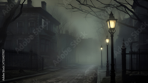 Haunting Urban Silence: Digital Artwork of Foggy Winter Street, Eerie Atmosphere Evoking Dark TV Series, Solitary Streetlamp Casting Long Shadows. photo
