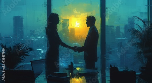 A couple seals a deal in the dimly lit room, their silhouettes casting a shadow of determination and trust against the window