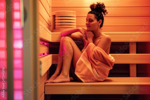 A woman sitting on a wooden bench in an infrared sauna room. photo
