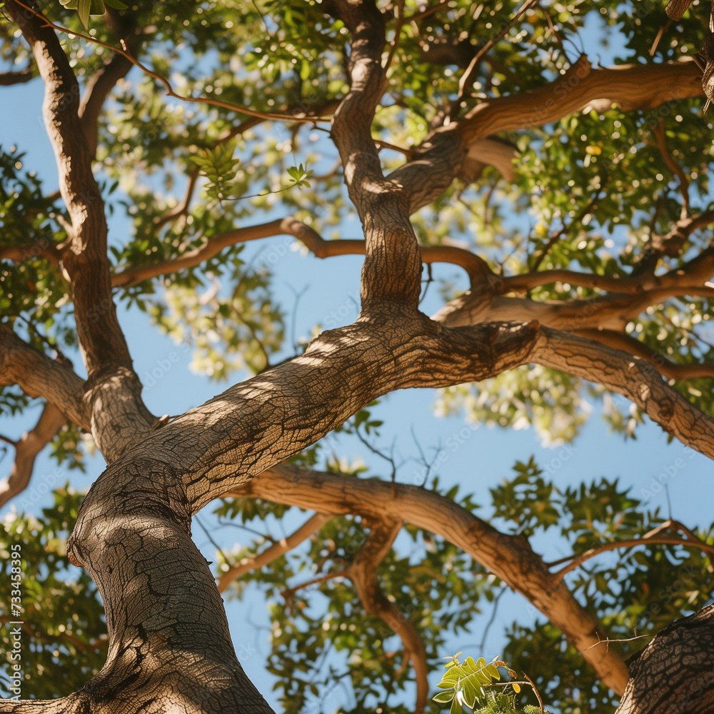 Sunlit Tree Branches Against Clear Blue Sky Sunlit Tree Branches Against Clear Blue Sky
