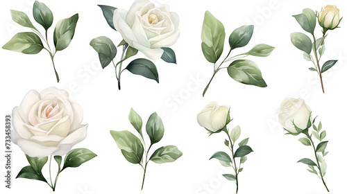 Fototapeta Naklejka Na Ścianę i Meble -  White Rose flower set of blooming plant watercolor illustration on white background. Elements for romantic floral decoration, wedding bouquet or valentine greeting card