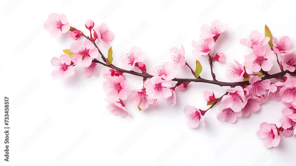 Pink spring cherry blossom. Cherry tree branch with spring pink flowers isolated on white background