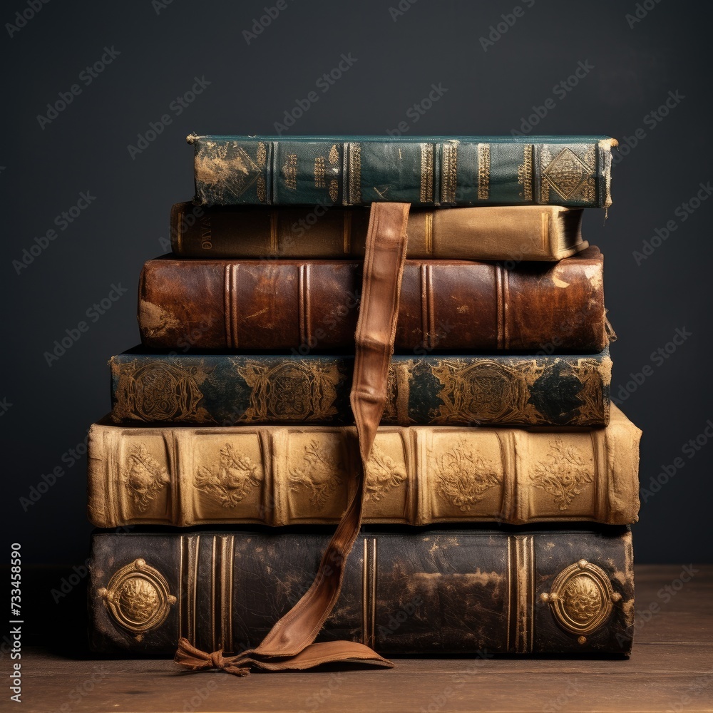 Pile of old books on wooden background. Selective focus. Pile of old books on wooden background. Selective focus.