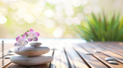 A stack of rocks with flowers on top of them. Tranquil zen background with calm water and stone yramide