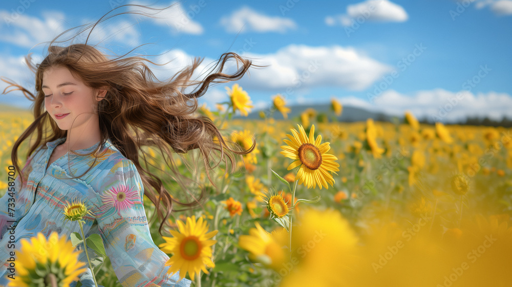 A girl enjoys a walk through a field of sunflowers, savoring the moment on a sunny day, happy about the arrival of spring, outdoor activity.copy space A girl enjoys a walk through a field of sunflowers, savoring the moment on a sunny day, happy about the arrival of spring, outdoor activity.copy space