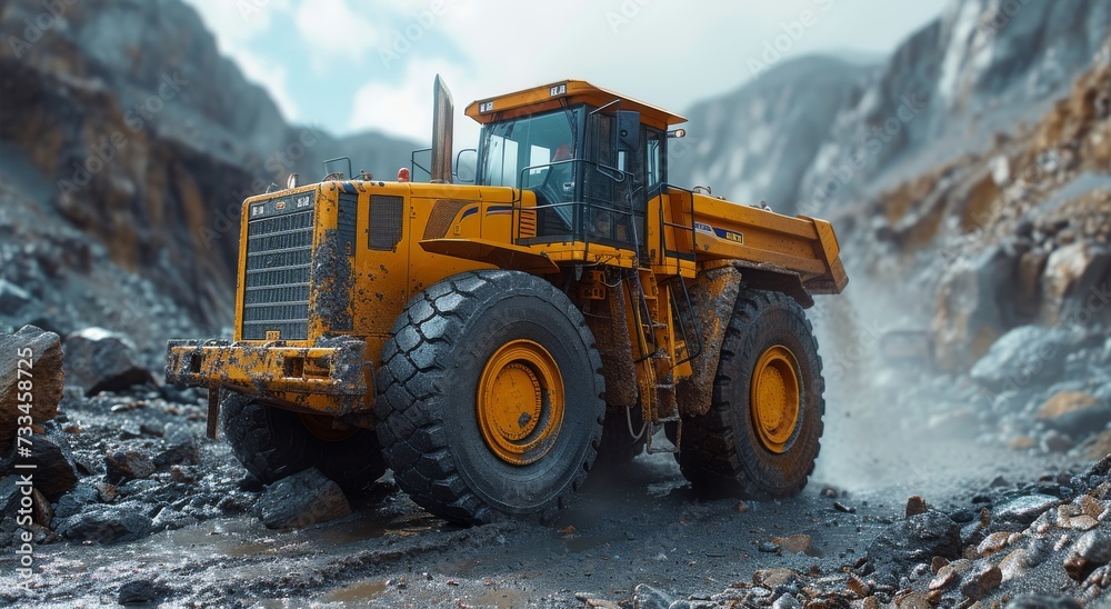 A sturdy yellow bulldozer navigates rocky terrain, its tires gripping the rugged ground as it transports construction equipment towards the towering mountains under the open sky