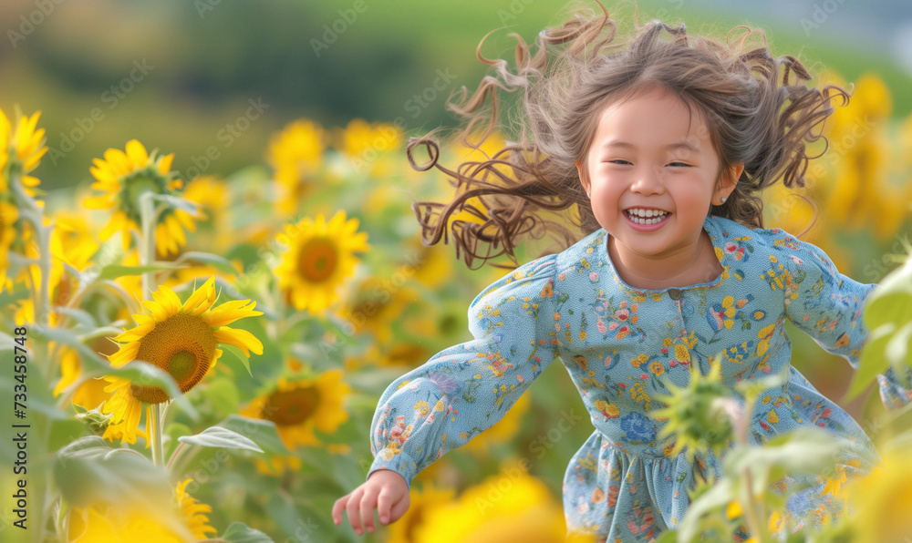 A girl of Asian descent running through a field of sunflowers, enjoying a moment of joy with a joyful expression on a sunny day, happiness and freedom in nature A girl of Asian descent running through a field of sunflowers, enjoying a moment of joy with a joyful expression on a sunny day, happiness and freedom in nature