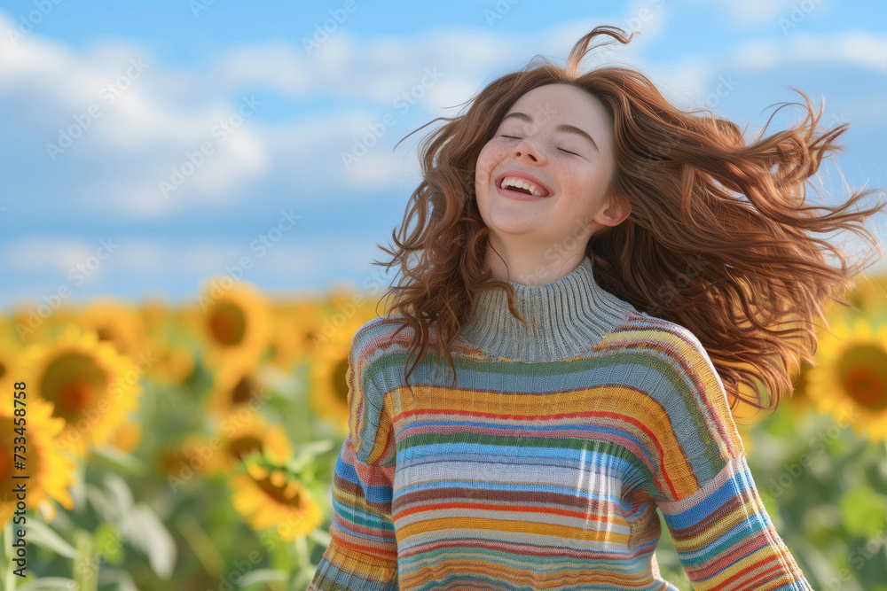 An young woman enjoys the sun in the middle of a sunflower field, happy for the arrival of spring and good weather, outdoor activity