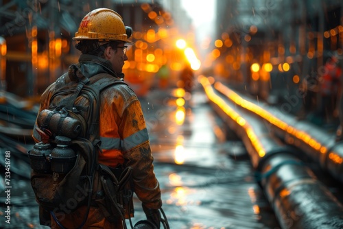 A blue-collar worker dons his hard hat and backpack, ready to brave the city streets and take on the challenges of outdoor work as a firefighter