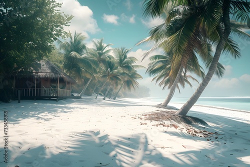 a tropical beach with palm trees and a hut © Gary