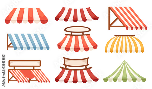 Set of striped sun shade awning shelter for store cafe or market vector illustration isolated on white background