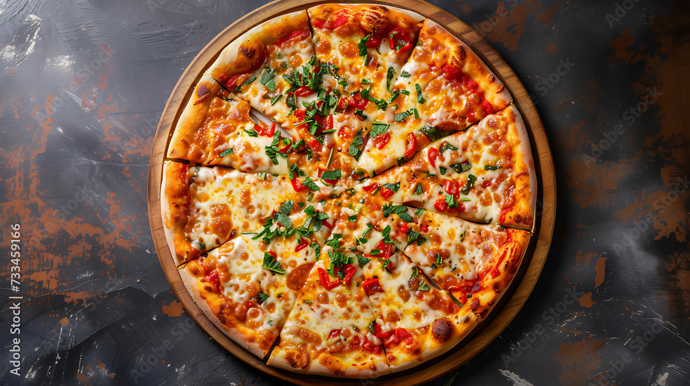 An enticing view of a freshly baked pizza from above, showcasing its golden crust, bubbling cheese, and colorful toppings arranged in a delicious mosaic