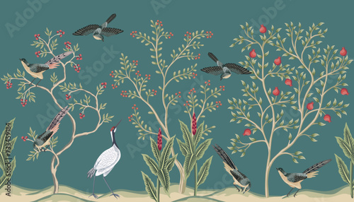 Vintage botanical garden tree, crane, birds, plant floral seamless border. Exotic chinoiserie mural.