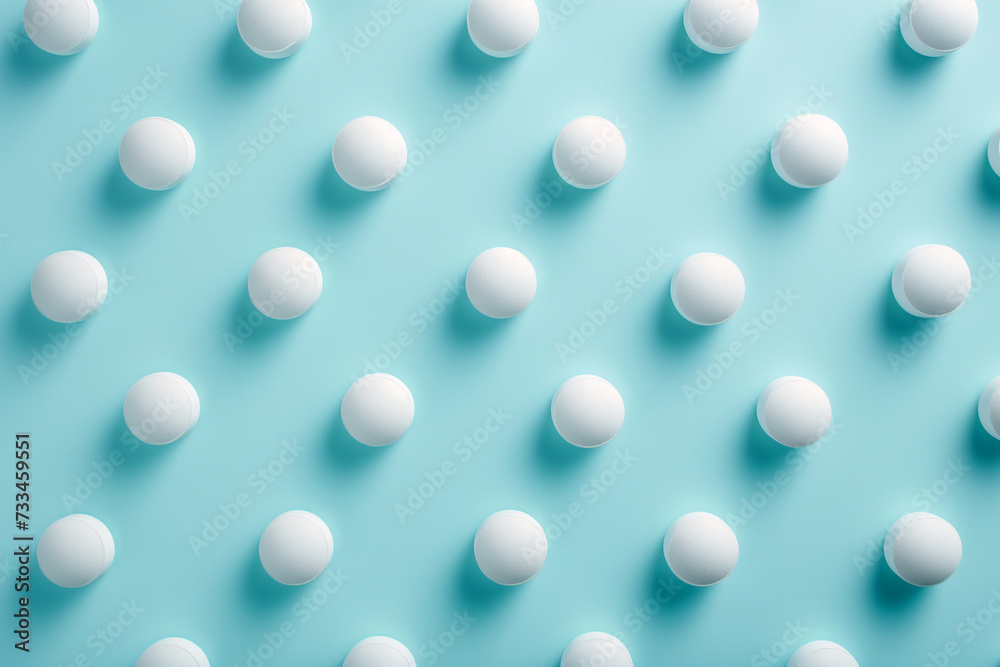 White pills on blue background pattern. Chaotically scattered round white pills, medical concept. Flat lay, minimalist design, top view. Medicine, drugs, addiction
