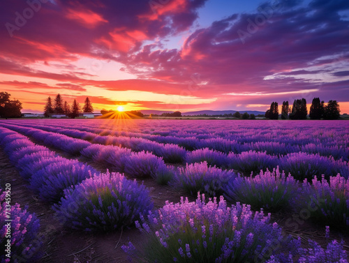 Vibrant lavender field in full bloom, with a stunning purple hue under a clear sky.