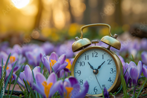 Alarm clock among blooming crocuses, spring forward concept. Spring time change, first spring flowers, daylight saving time. Daylight savings, lose an hour. photo