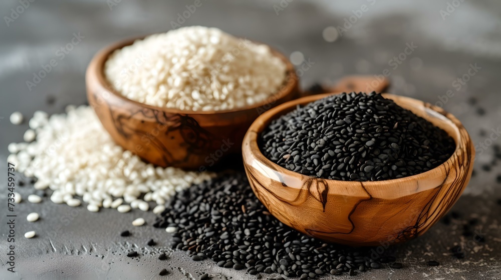 Bowls of white and black sesame seeds on textured background for healthy cooking Bowls of white and black sesame seeds on textured background for healthy cooking