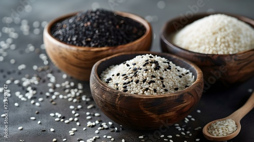 Assorted organic sesame seeds in wooden bowls on dark background