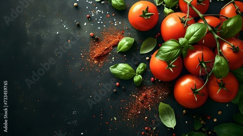 Fresh red tomatoes with basil, spices on dark background - healthy food concept