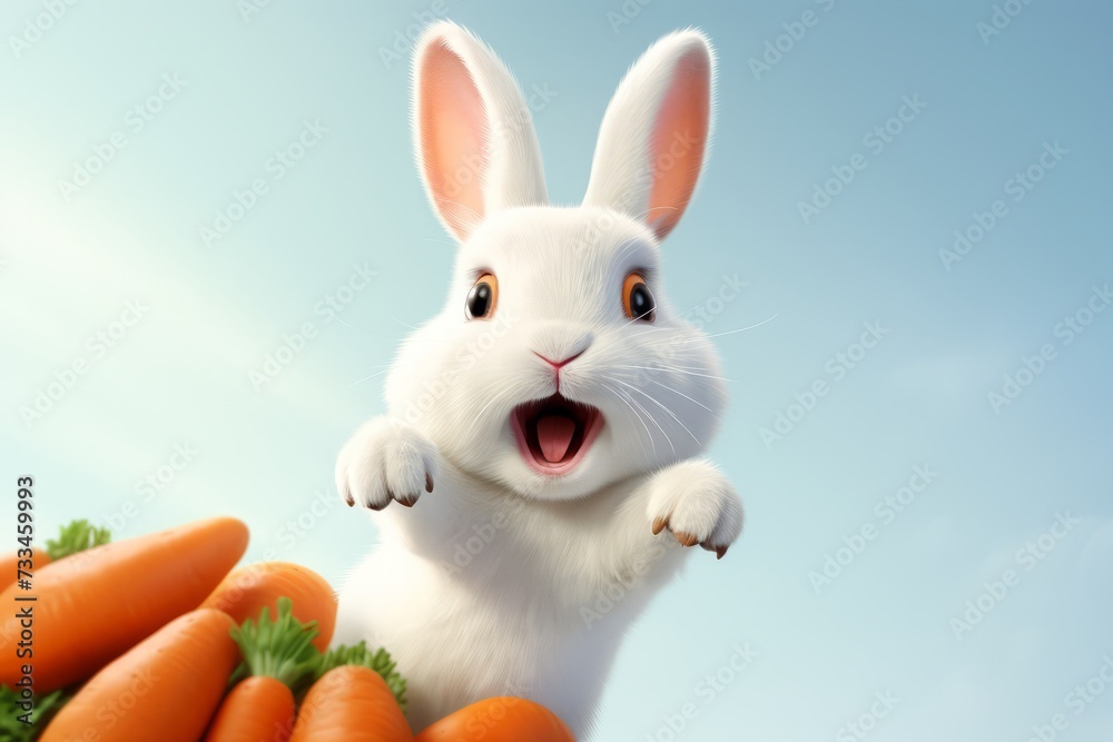 Excited white bunny in mid-jump over carrots, blue sky background. Concept of vitality, healthy eating, kids illustration, funny character, and joy. Excited white bunny in mid-jump over carrots, blue sky background. Concept of vitality, healthy eating, kids illustration, funny character, and joy.