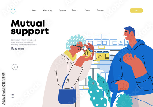Mutual Support: Helping a visually impaired person -modern flat vector concept illustration of man offering to read label for woman in supermarket A metaphor of voluntary, collaborative exchanges
