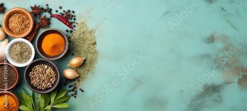 Assortment of colorful spices, seasonings and herbs in bowls on textured blue surface. Top view. Wide banner with copy space. Concept of cooking, culinary arts, seasoning, and gourmet ingredients.