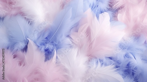Feathers in pastel colors of pink and purple. Feathers texture background. Can be used as Backdrops for design projects, Fashion or decor. Concept of Softness and elegance.