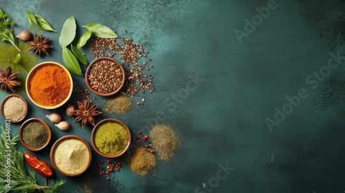 Variety of spices, seasonings and herbs in bowls on emerald backdrop. Top view. Banner with copy space. Concept of cooking, culinary arts, seasoning, gourmet ingredients. photo